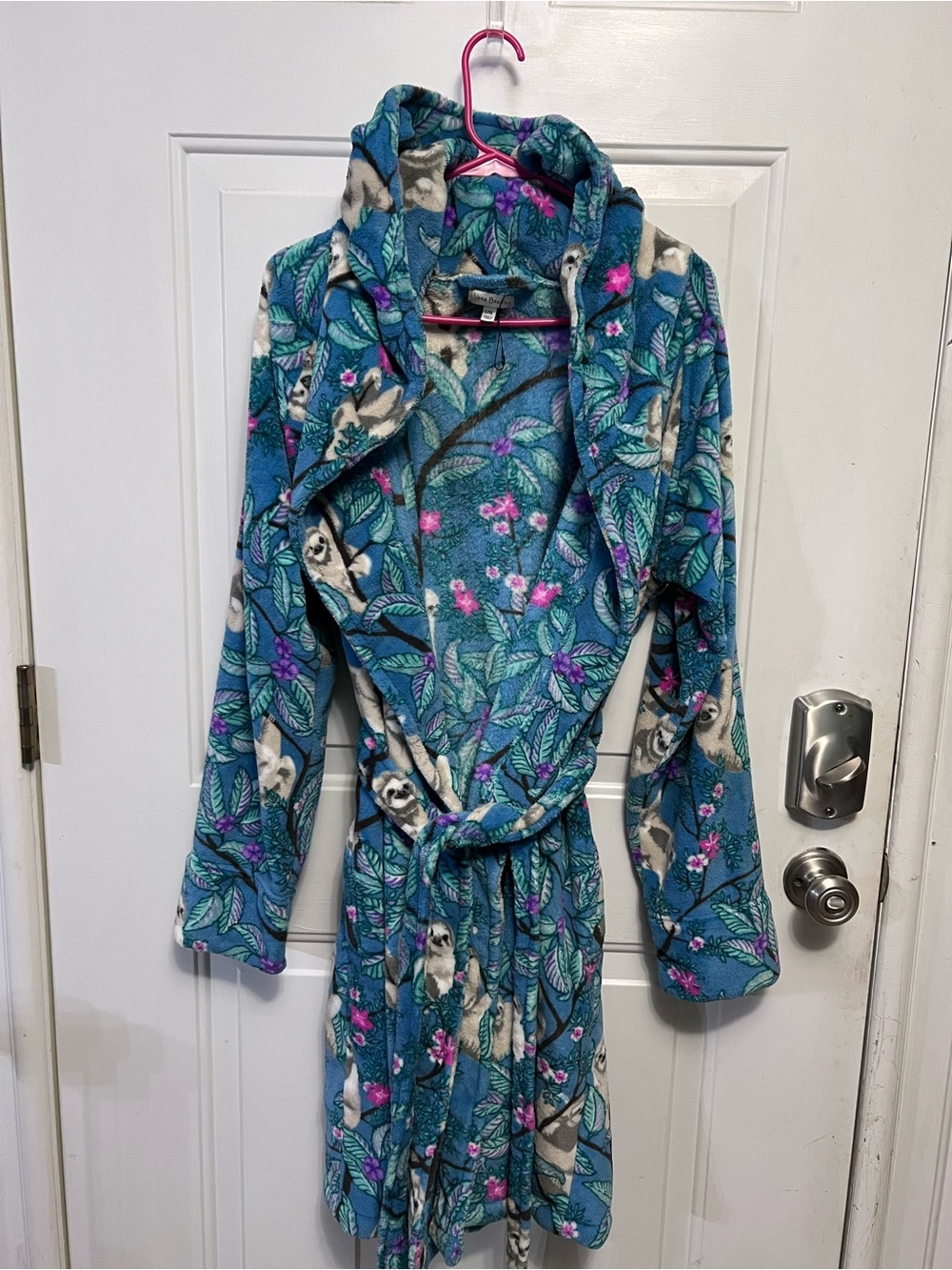 Vera Bradley Hanging Around Sloth Fleece Robe L/XL Hooded Pockets Floral NWOT